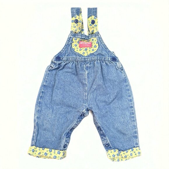 OshKosh BGosh Girls Sz 3-6 Months Denim Overalls Floral USA Vintage Cuff Bow - Picture 1 of 10